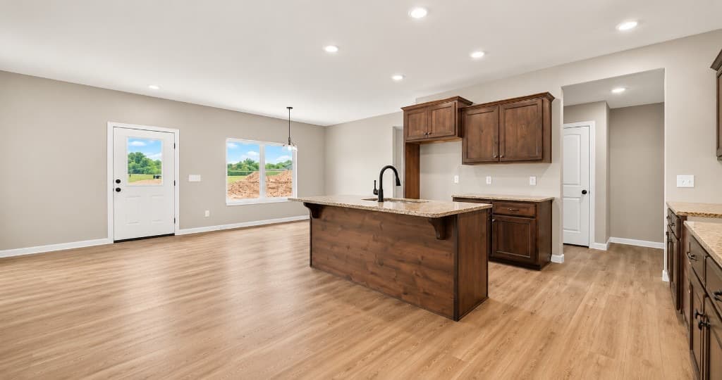Clear Creek Properties — kitchen island with LVP flooring in multi-family unit
