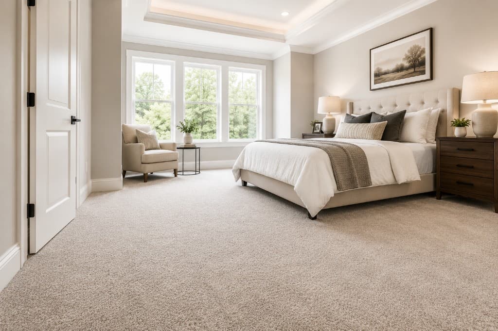 Broadloom carpet installation in bedroom with tray ceiling and trim