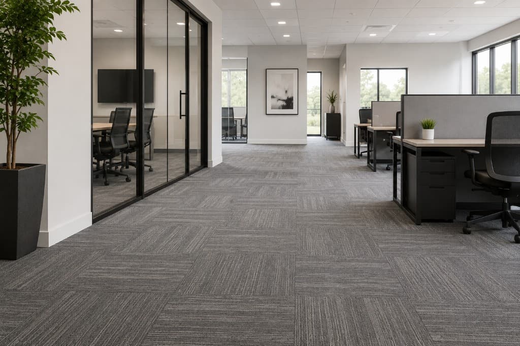 Modular carpet tile in commercial office with glass conference room