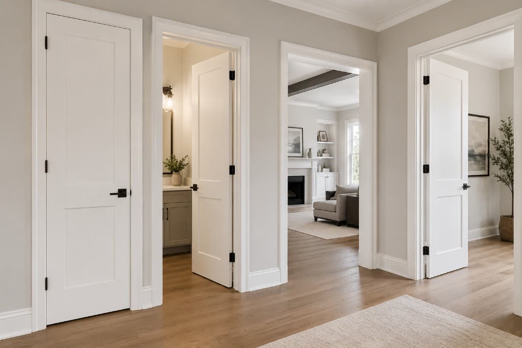 Interior shaker doors with black hardware, trim, and hardwood flooring