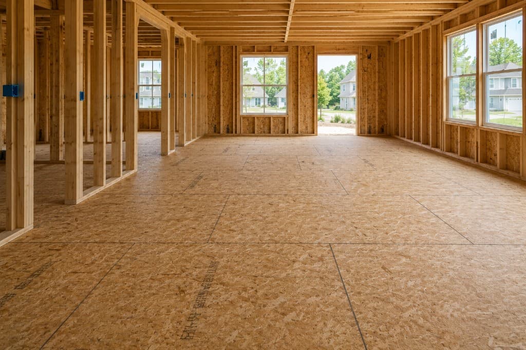 New construction framing with OSB subfloor and window rough-in