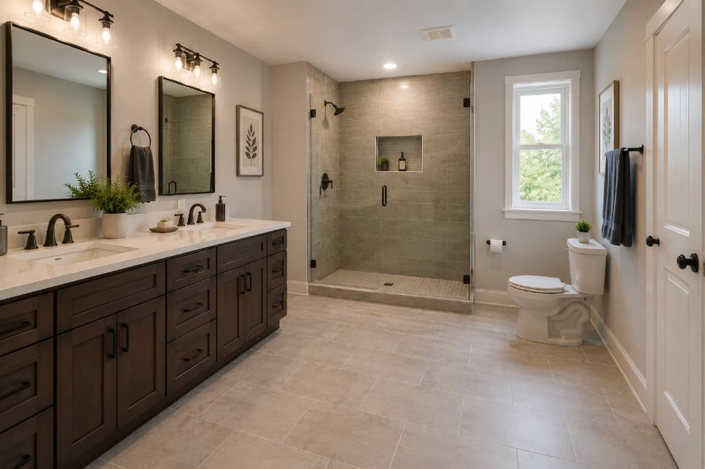 Master bathroom with large-format floor tile, walk-in shower tile walls, and mosaic shower floor