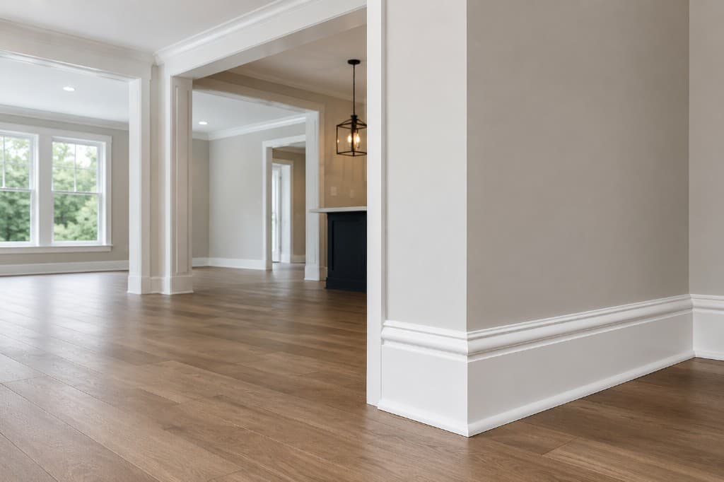 Custom baseboard and casing with hardwood flooring in open-concept remodel